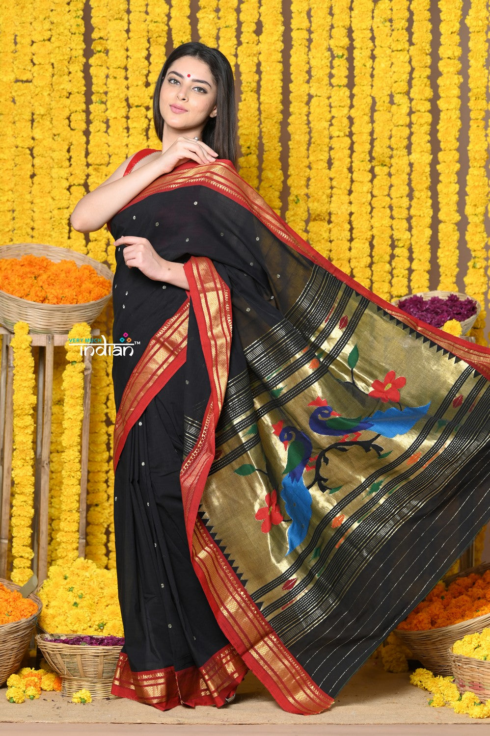 Very Much Indian Rajsi - Handloom Pure Cotton Paithani With Peacock Pallu - Black - Distacart