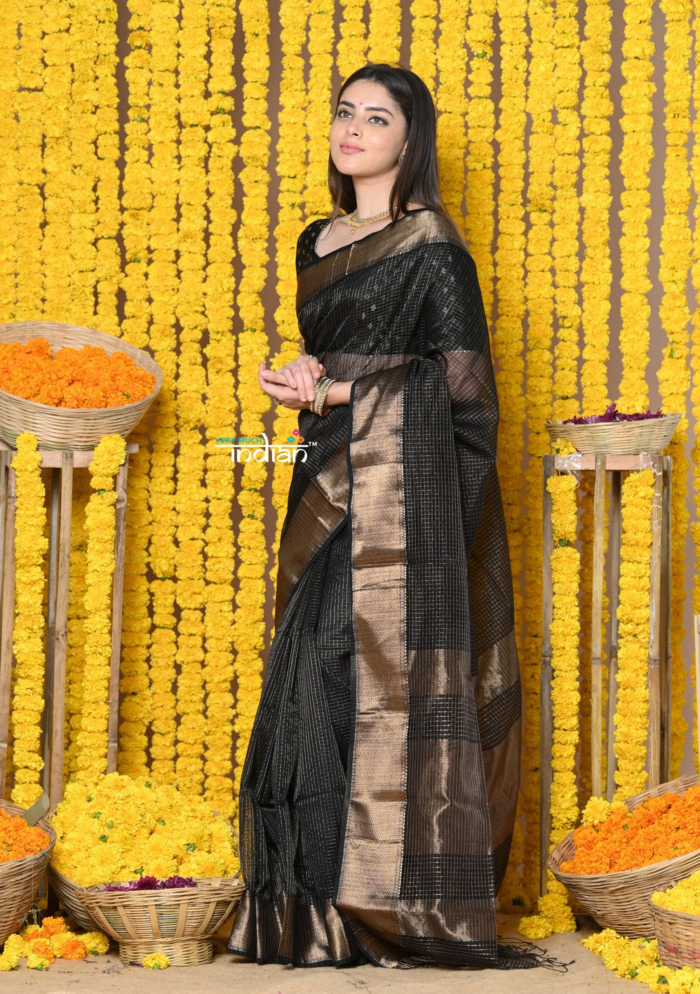 Very Much Indian Rajsi - Handloom Ari Checks Cotton Silk Saree with Golden Border in Black - Distacart