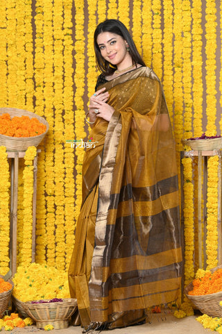 Very Much Indian Rajsi - Handloom Ari Checks Cotton Silk Saree with Golden Border in Yellow - Distacart
