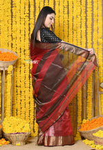 Thumbnail for Very Much Indian Rajsi - Handloom Ari Checks Cotton Silk Saree with Golden Border in Maroon - Distacart