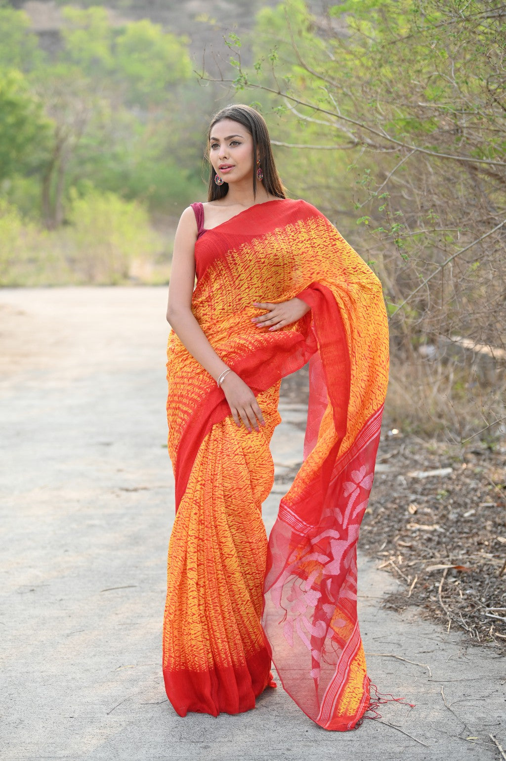 Very Much Indian Pure Matka Silk Handloom Jamdhani with Shibori Tie & Dye (with Silk Mark) - yellow - Distacart