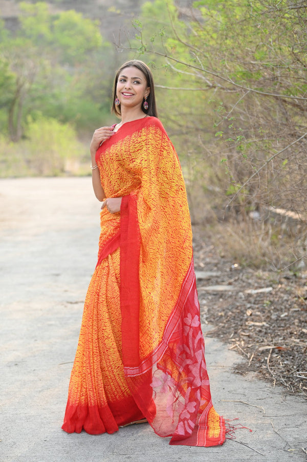 Very Much Indian Pure Matka Silk Handloom Jamdhani with Shibori Tie & Dye (with Silk Mark) - yellow - Distacart