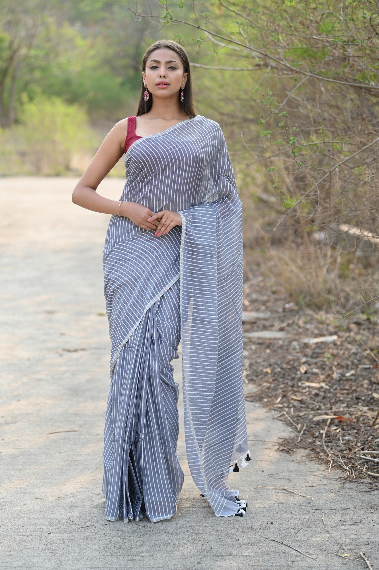 Very Much Indian Designer Pure Cotton Sarees with All over Linear Stripes - Sage Grey - Distacart