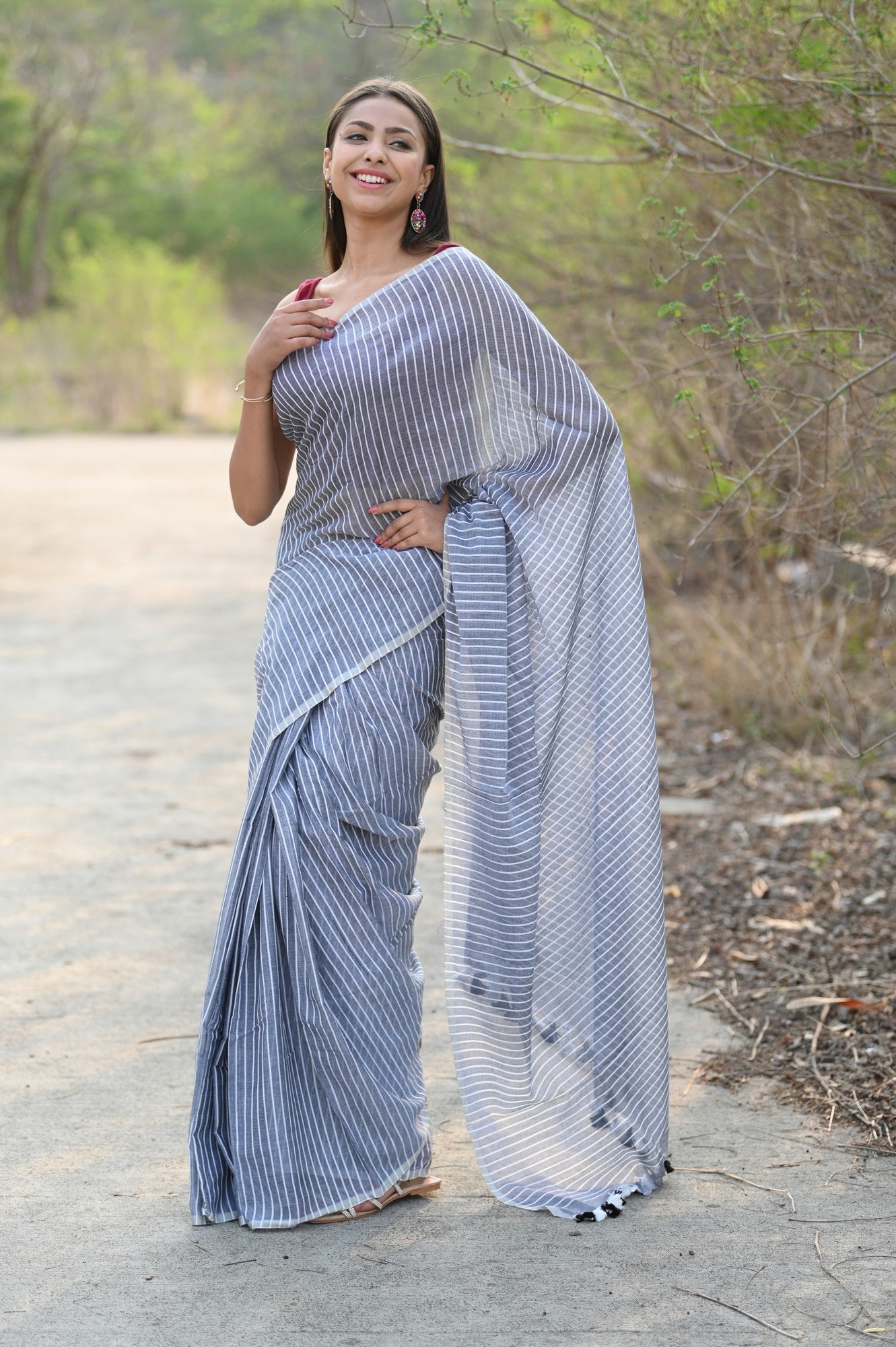 Very Much Indian Designer Pure Cotton Sarees with All over Linear Stripes - Sage Grey - Distacart