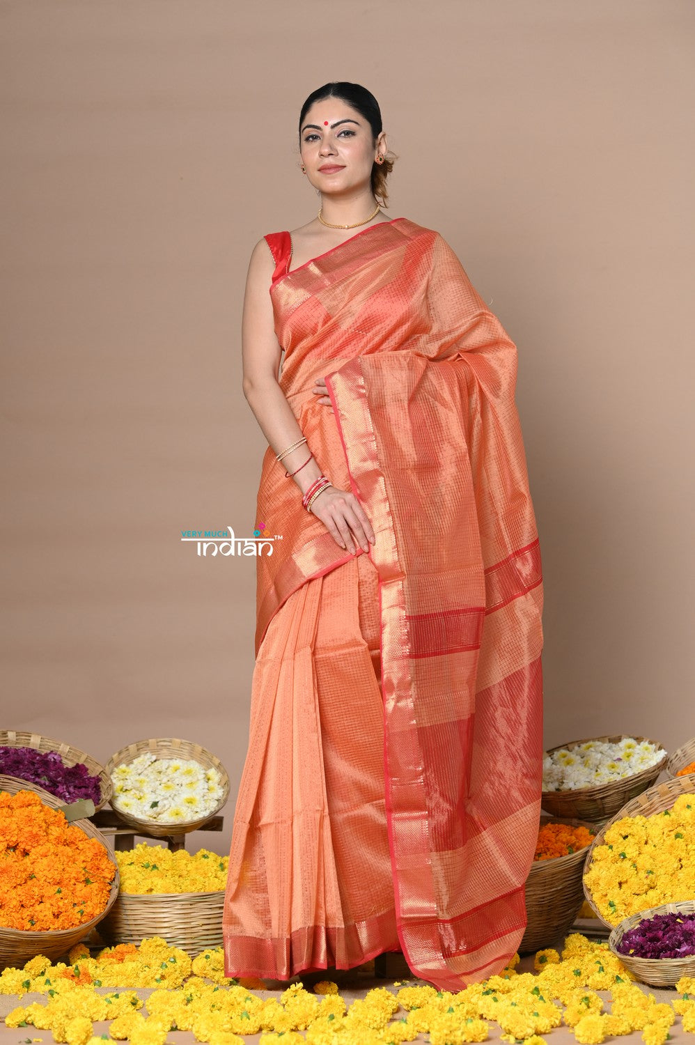 Very Much Indian Rajsi - Handloom Ari Checks Cotton Silk Saree with Golden Border in Orange - Distacart