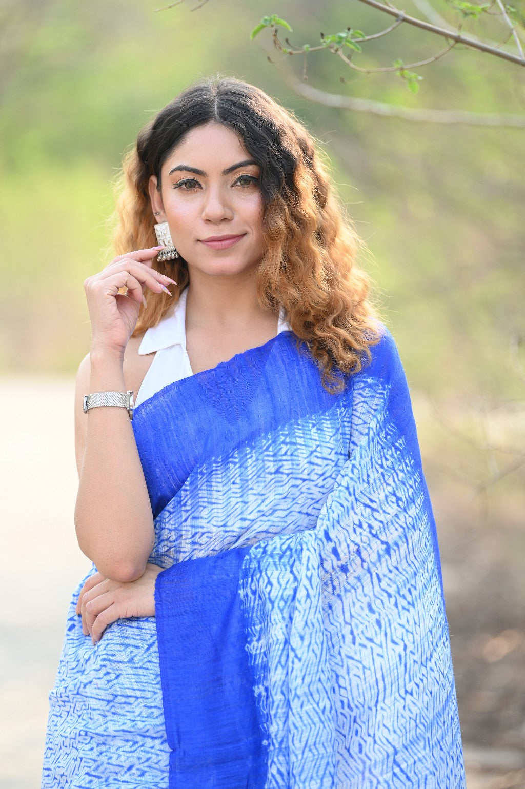 Very Much Indian Pure Matka Silk Handloom Jamdhani with Shibori Tie & Dye (with Silk Mark) - Cerulean Blue - Distacart