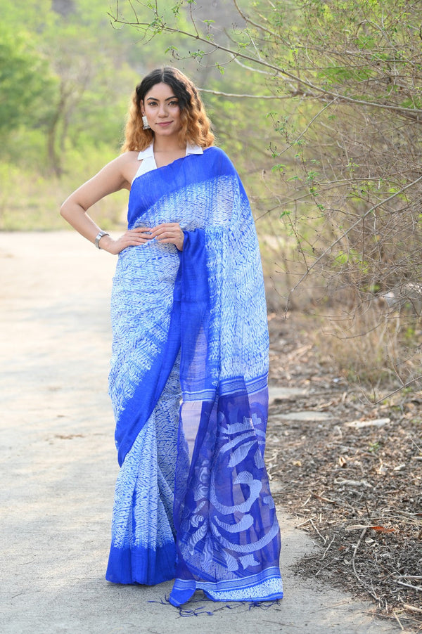Very Much Indian Pure Matka Silk Handloom Jamdhani with Shibori Tie & Dye (with Silk Mark) - Cerulean Blue - Distacart