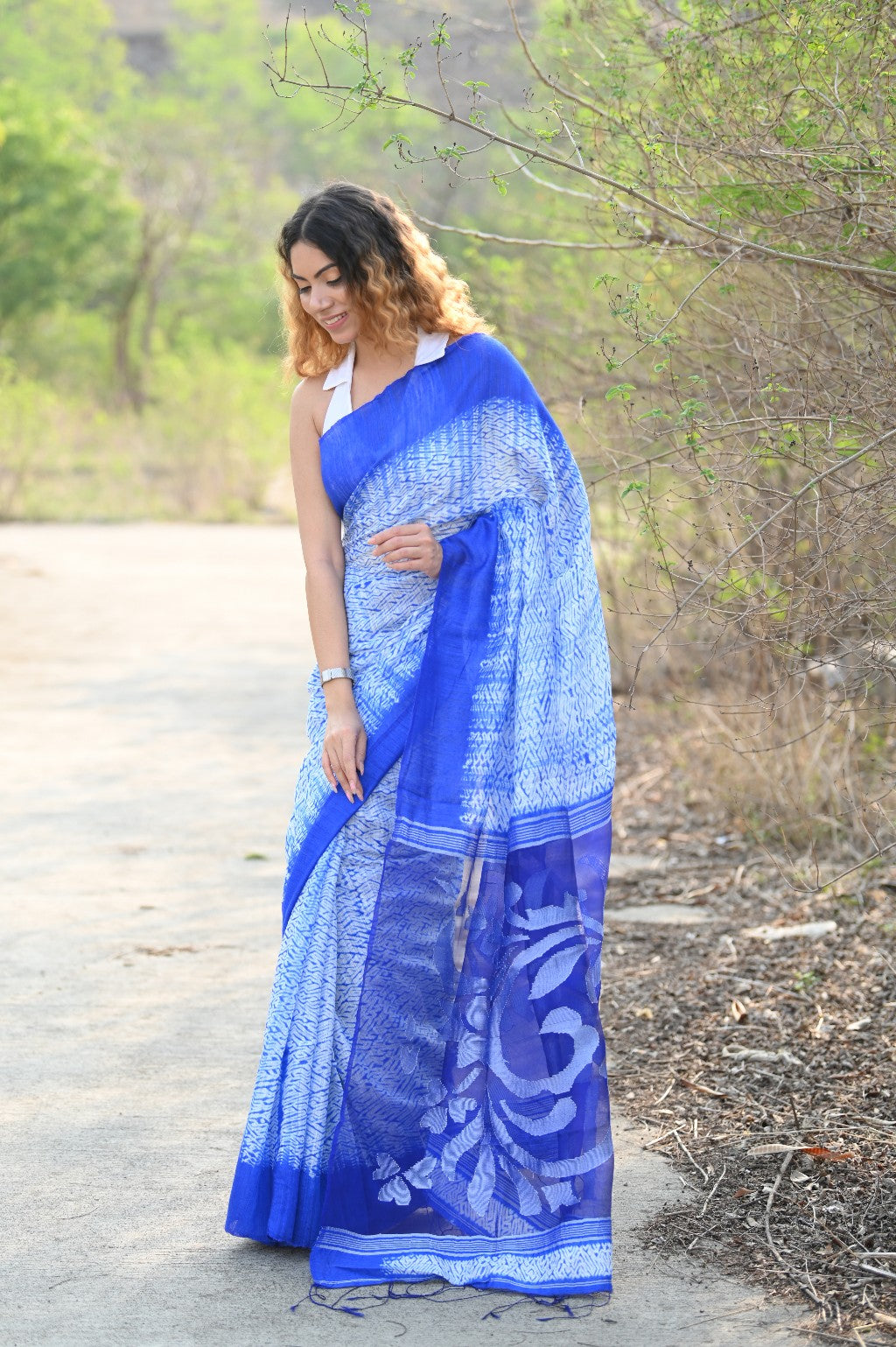 Very Much Indian Pure Matka Silk Handloom Jamdhani with Shibori Tie & Dye (with Silk Mark) - Cerulean Blue - Distacart