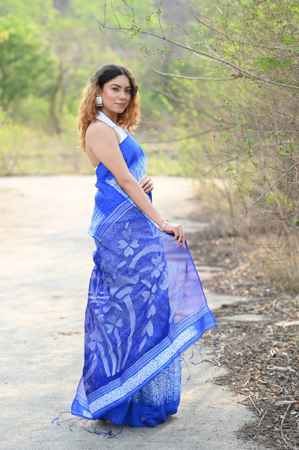 Very Much Indian Pure Matka Silk Handloom Jamdhani with Shibori Tie & Dye (with Silk Mark) - Cerulean Blue - Distacart