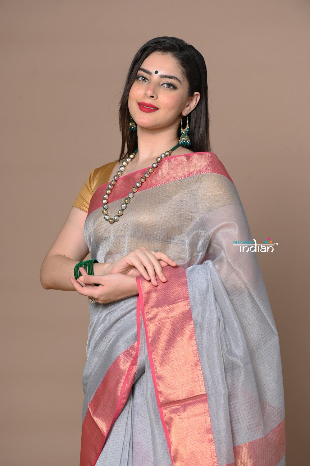 Very Much Indian Rajsi - Handloom Ari Checks Cotton Silk Saree with Golden Border in Grey - Distacart