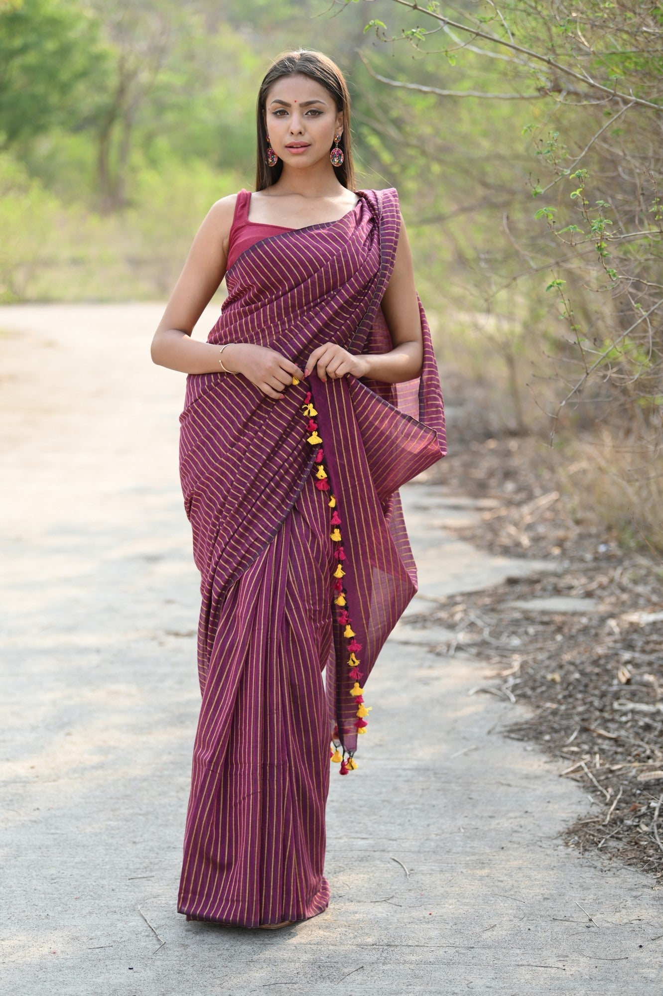 Very Much Indian Designer Pure Cotton Sarees with All over Linear Stripes - Maroon - Distacart