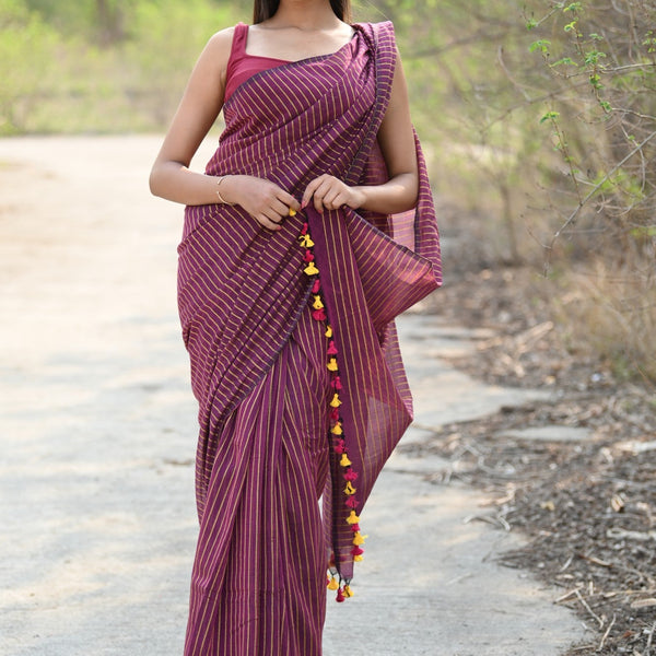 Very Much Indian Designer Pure Cotton Sarees with All over Linear Stripes - Maroon - Distacart
