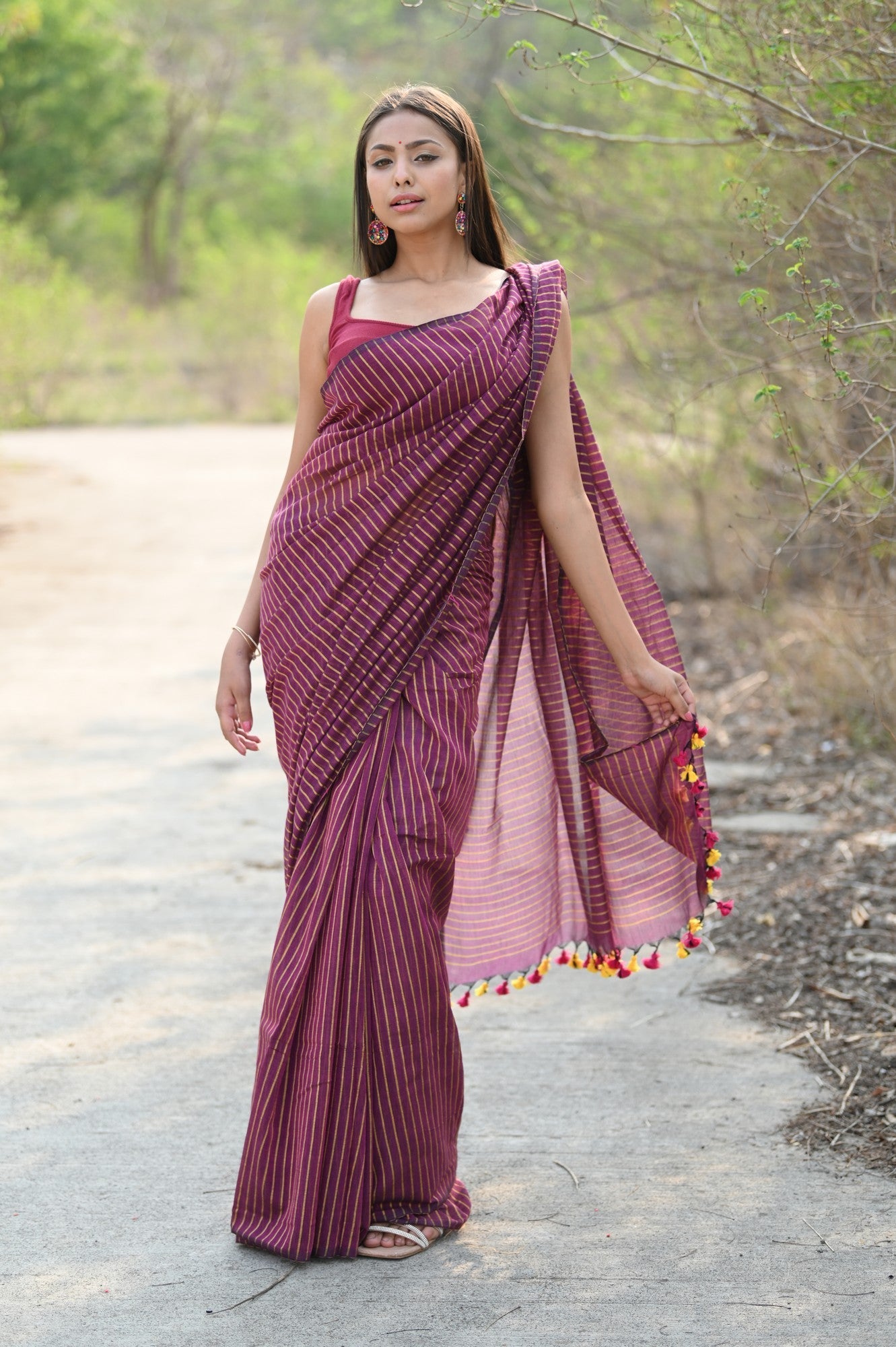 Very Much Indian Designer Pure Cotton Sarees with All over Linear Stripes - Maroon - Distacart