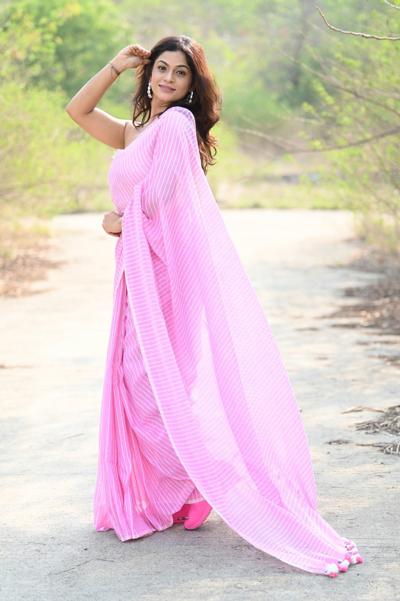Very Much Indian Designer Pure Cotton Sarees with All over Linear Stripes - Light Pink - Distacart