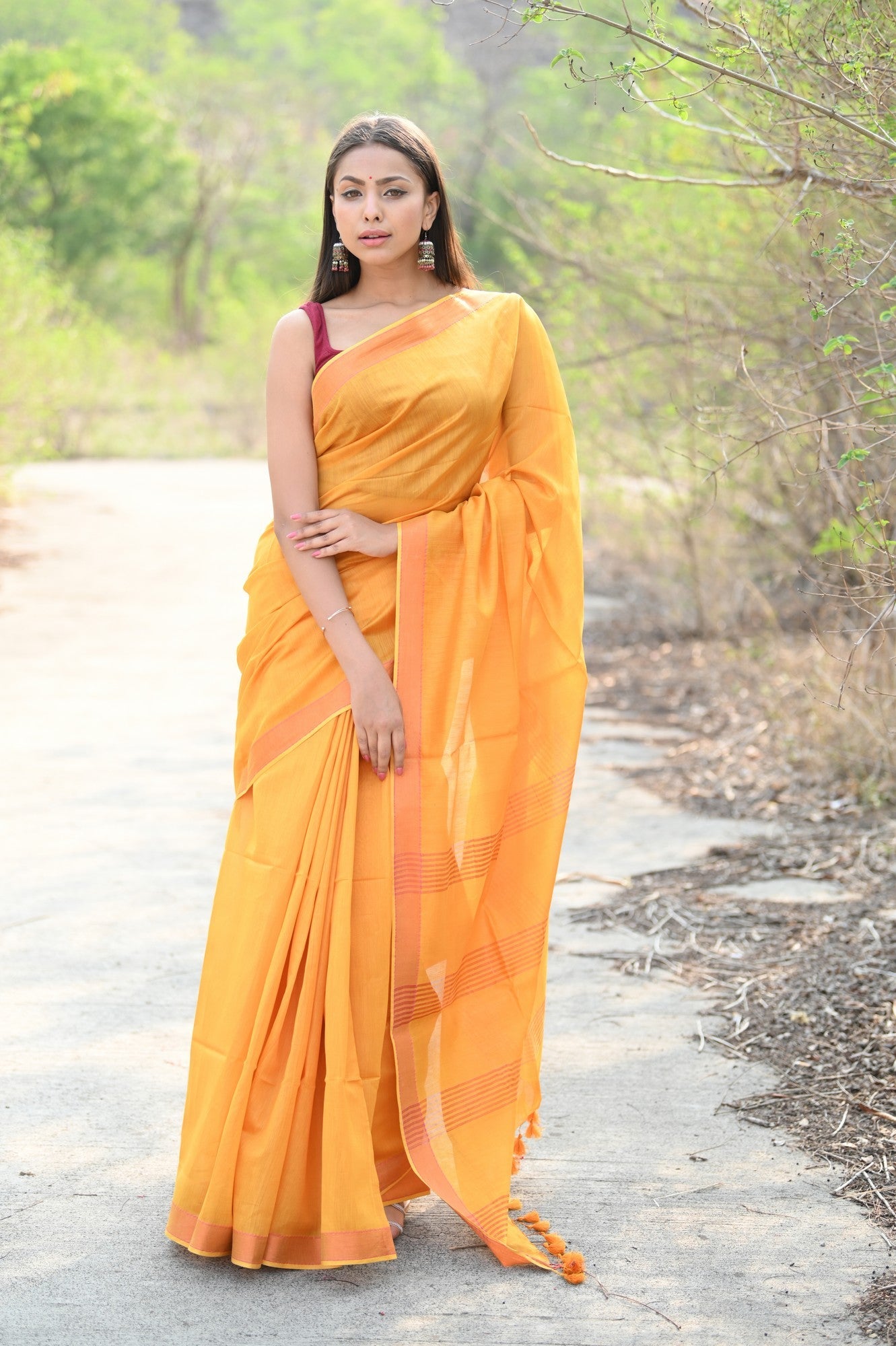 Very Much Indian Designer Pure Cotton Sarees with Classic Pallu - bright orange - Distacart