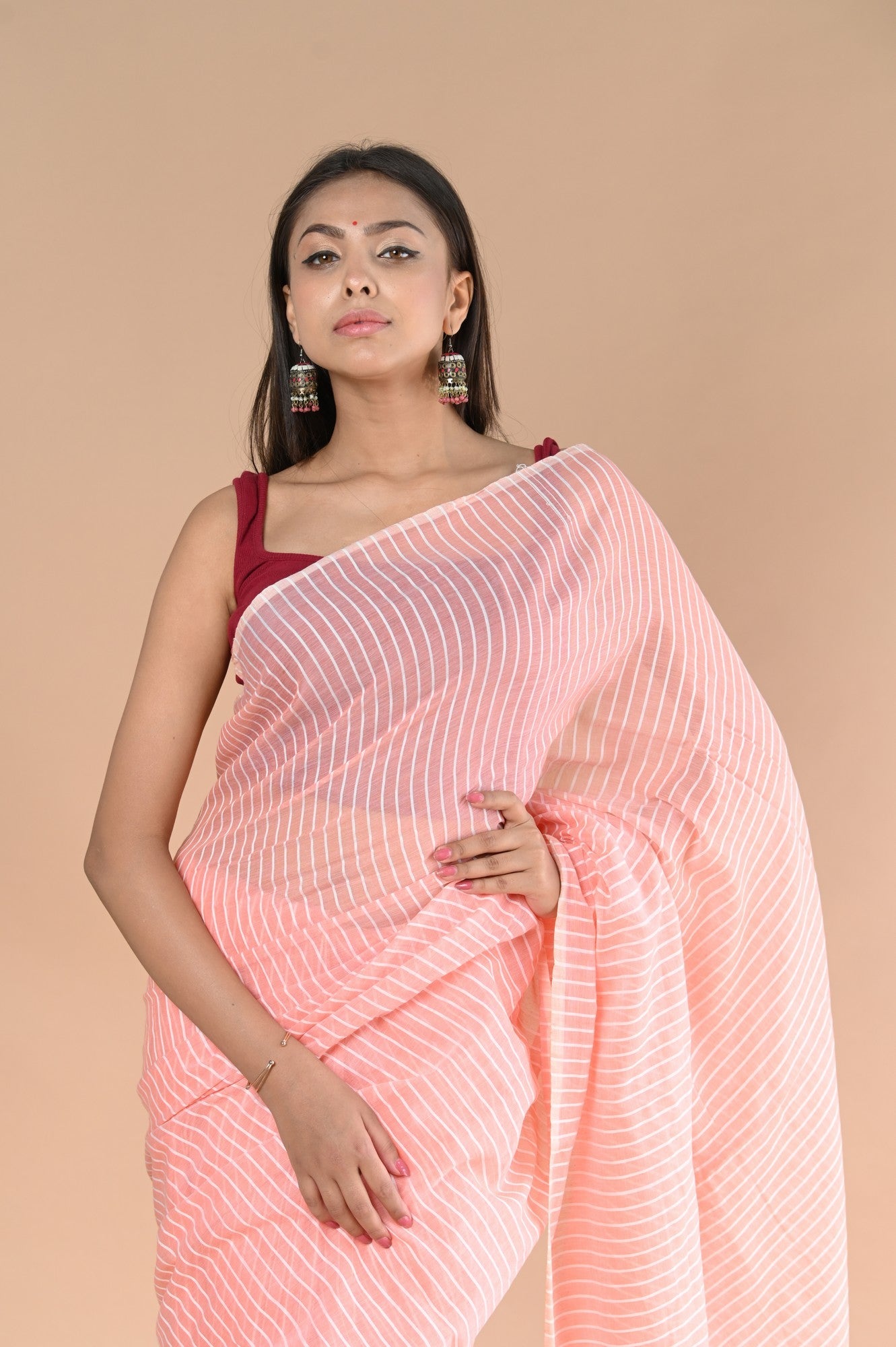 Very Much Indian Designer Pure Cotton Sarees with All over Linear Stripes - Distacart