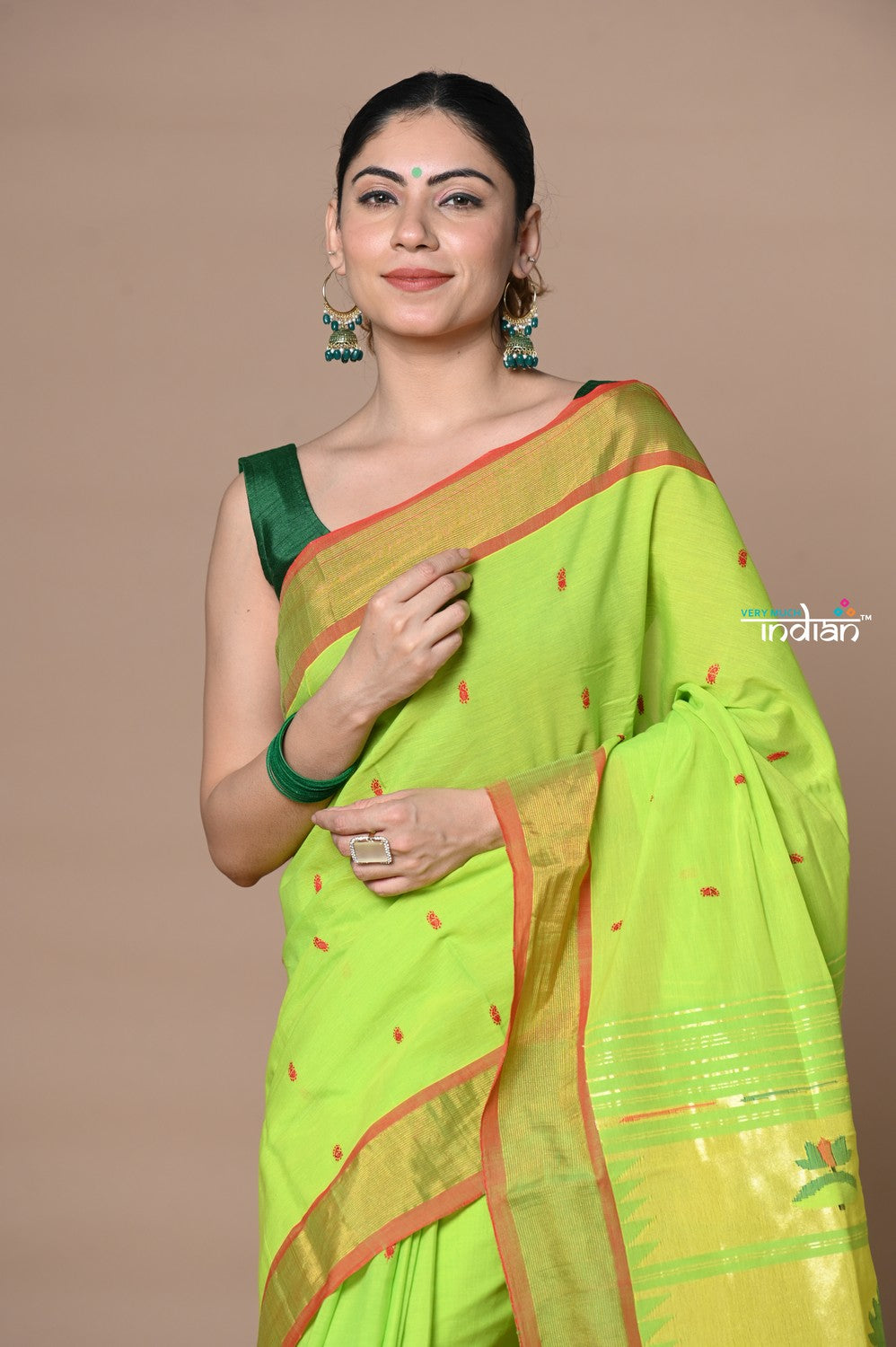Very Much Indian Rajsi - Handloom Pure Cotton Paithani With Pichwai Pallu - Lime Green - Distacart