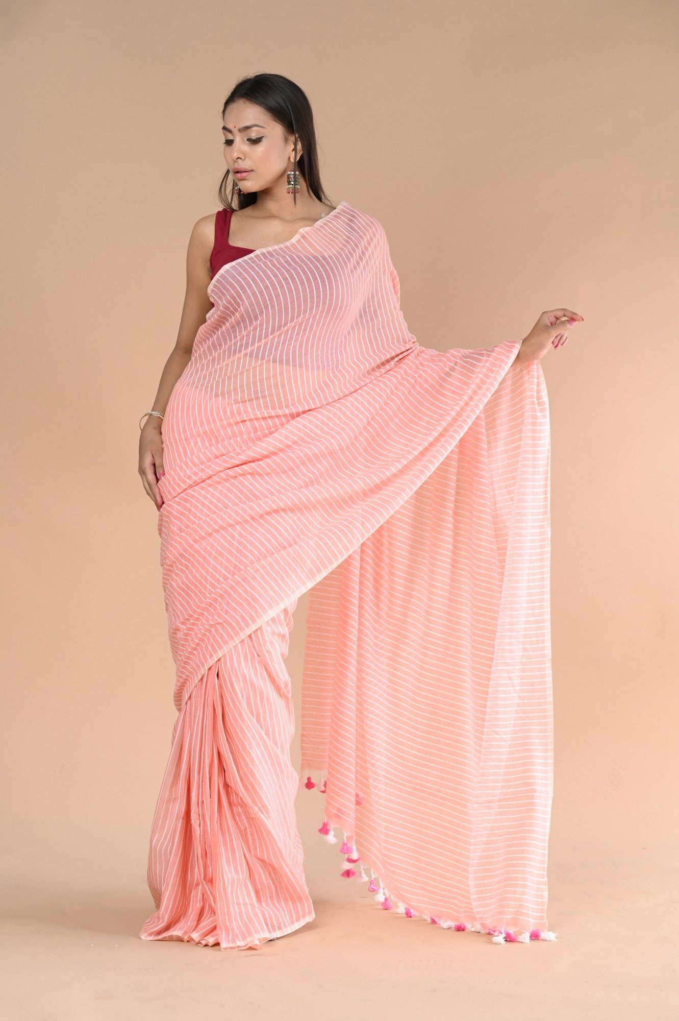 Very Much Indian Designer Pure Cotton Sarees with All over Linear Stripes - Peach - Distacart