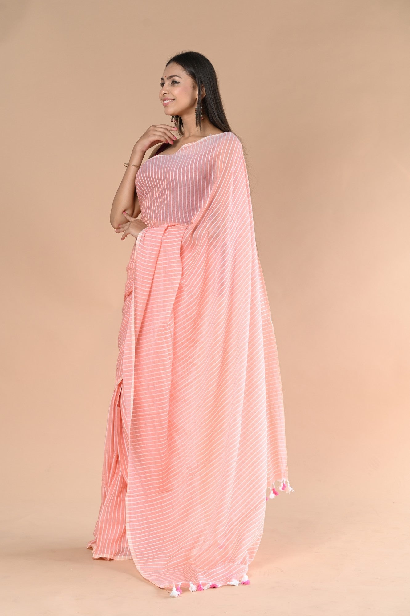 Very Much Indian Designer Pure Cotton Sarees with All over Linear Stripes - Peach - Distacart