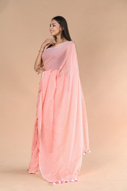 Very Much Indian Designer Pure Cotton Sarees with All over Linear Stripes - Peach - Distacart