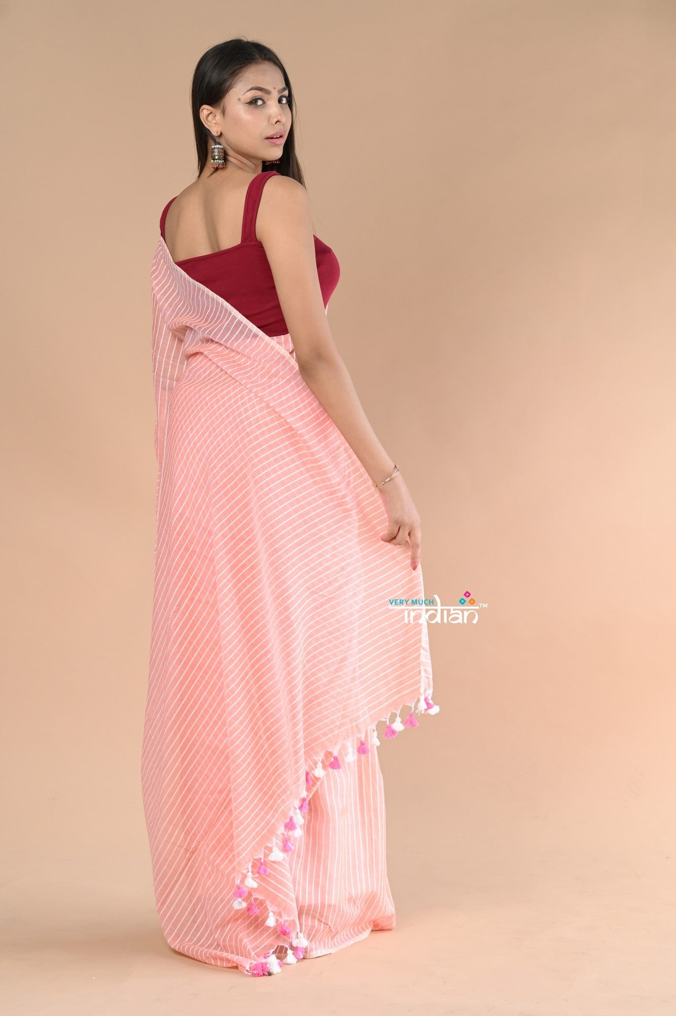 Very Much Indian Designer Pure Cotton Sarees with All over Linear Stripes - Peach - Distacart