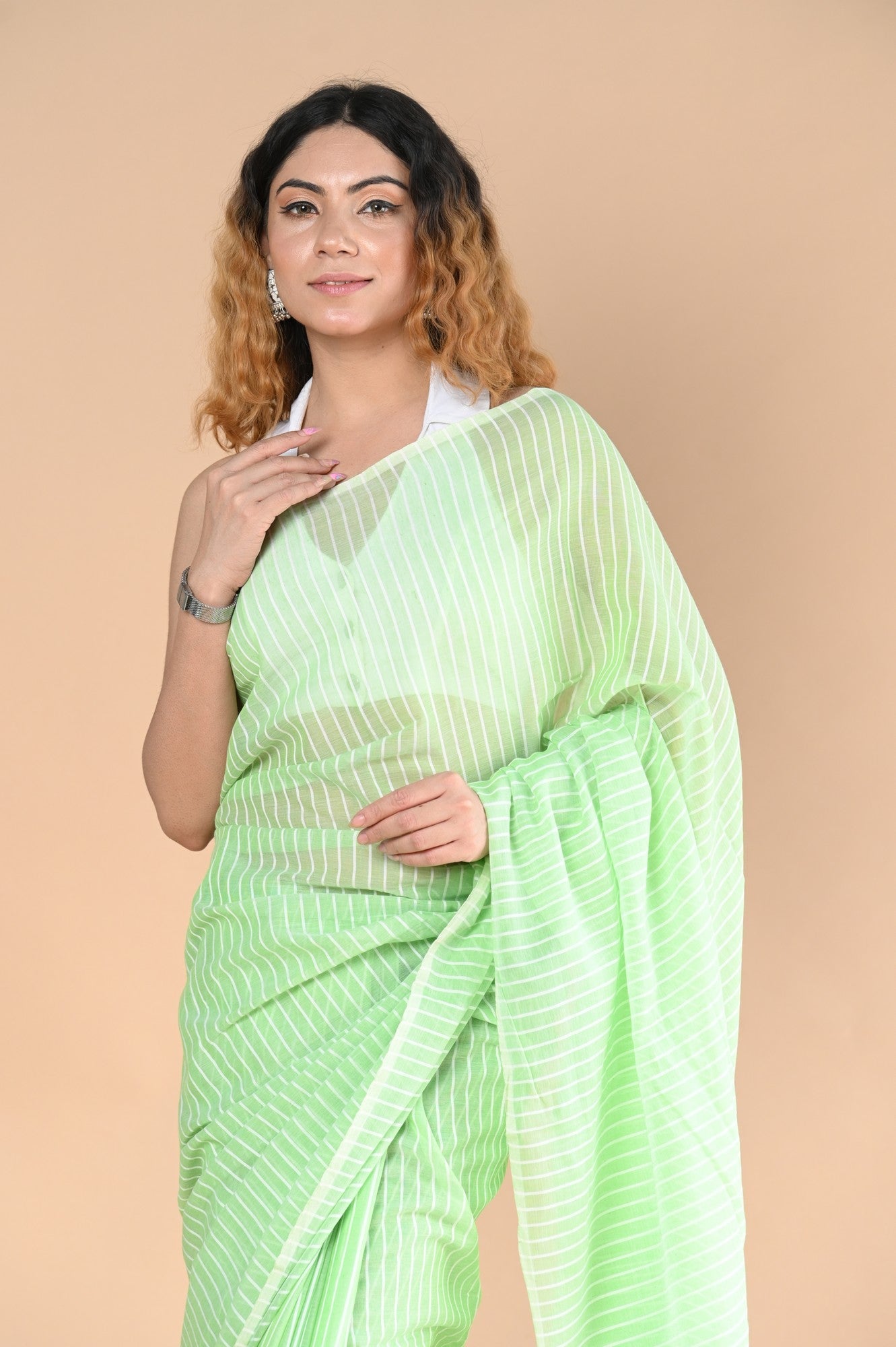 Very Much Indian Designer Pure Cotton Sarees with All over Linear Stripes - fern green - Distacart