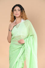 Thumbnail for Very Much Indian Designer Pure Cotton Sarees with All over Linear Stripes - fern green - Distacart