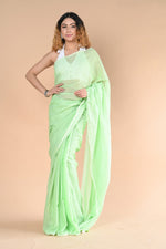 Thumbnail for Very Much Indian Designer Pure Cotton Sarees with All over Linear Stripes - fern green - Distacart