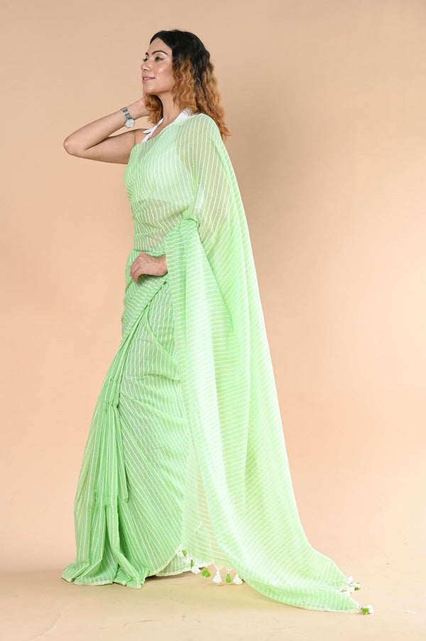 Very Much Indian Designer Pure Cotton Sarees with All over Linear Stripes - fern green - Distacart