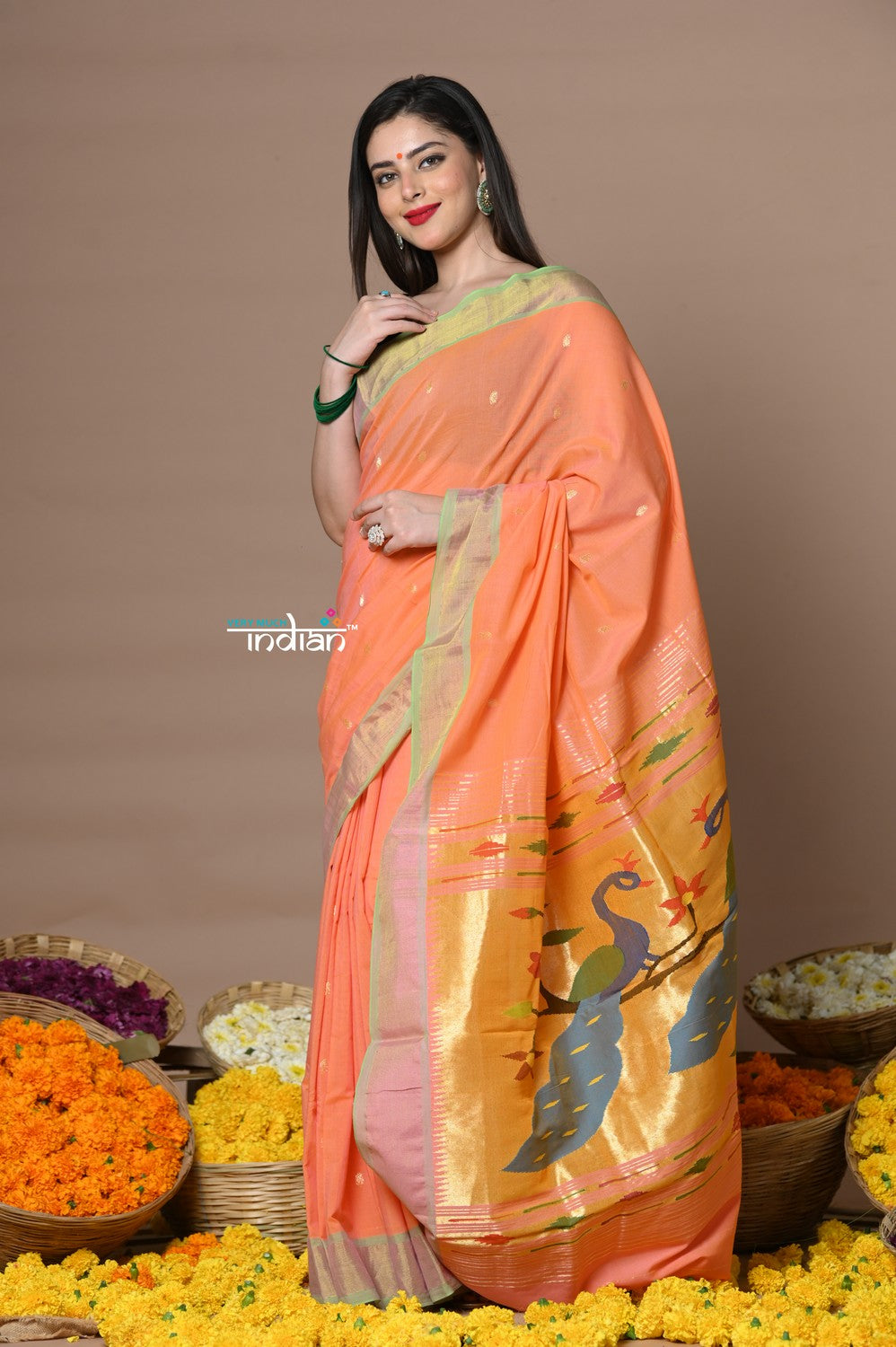 Very Much Indian Rajsi - Handloom Pure Cotton Paithani With Peacock Pallu - Peach - Distacart