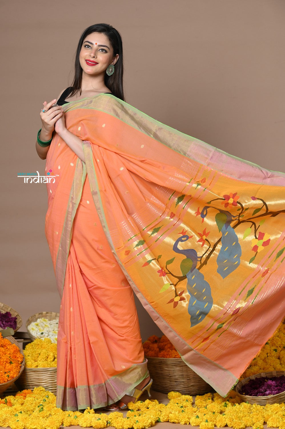 Very Much Indian Rajsi - Handloom Pure Cotton Paithani With Peacock Pallu - Peach - Distacart