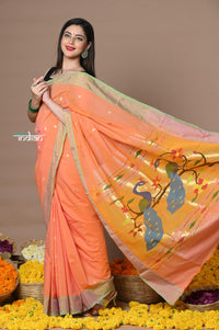 Thumbnail for Very Much Indian Rajsi - Handloom Pure Cotton Paithani With Peacock Pallu - Peach - Distacart