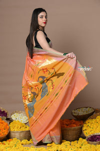 Thumbnail for Very Much Indian Rajsi - Handloom Pure Cotton Paithani With Peacock Pallu - Peach - Distacart