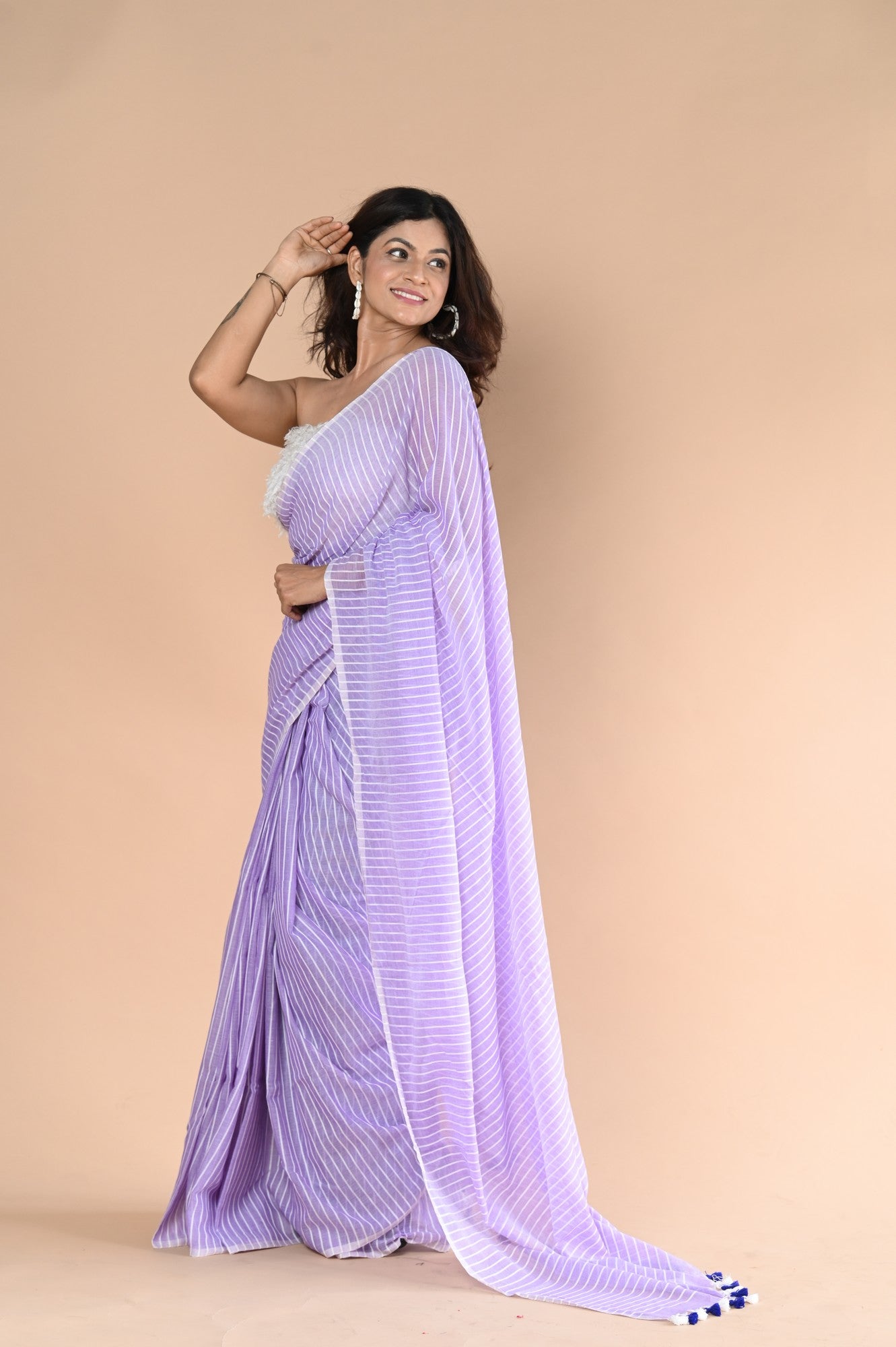 Very Much Indian Designer Pure Cotton Sarees with All over Linear Stripes - lavender - Distacart