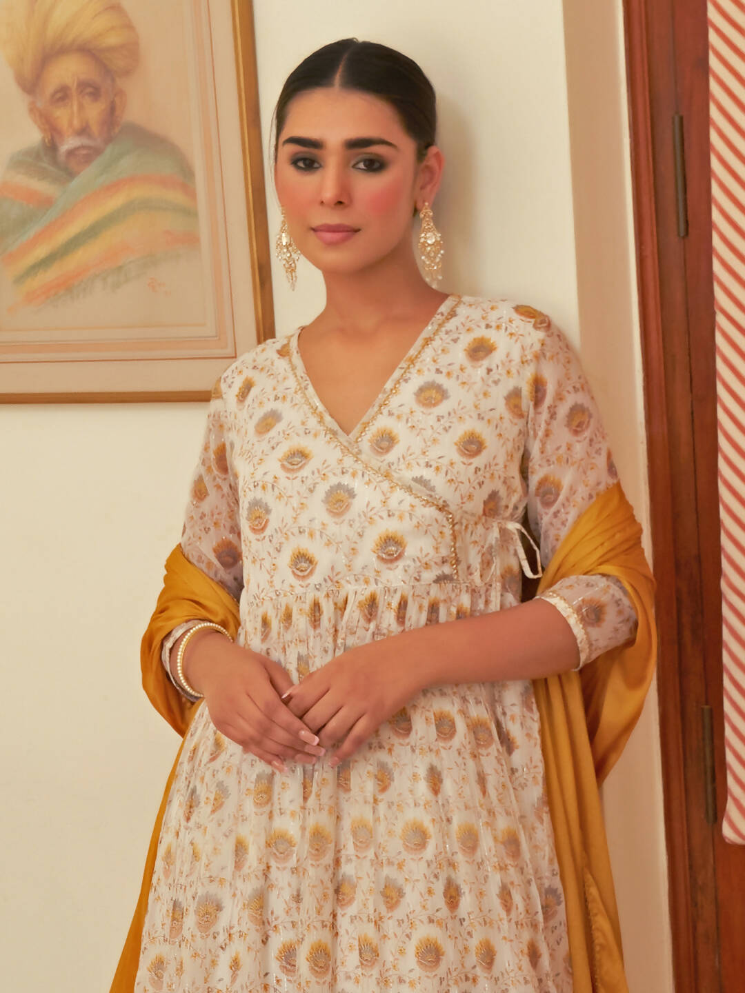 Janasya Women's White Chiffon Lurex Floral Printed Festive Flared Kurta Set - Distacart