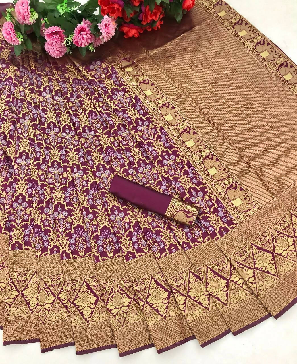 DEIANA'S Beautiful Golden Jari with New Design Soft Lichi Silk Saree - Wine - Distacart