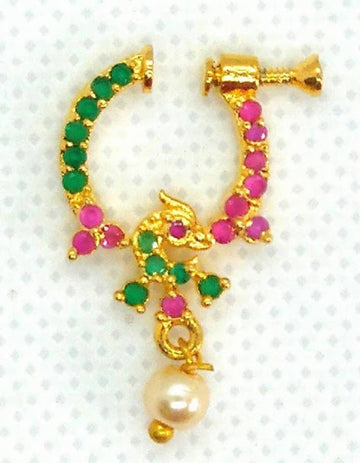 Pink & Green Peacock Bridal Nose Ring For Wedding