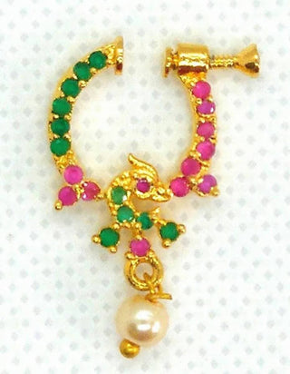 Pink & Green Peacock Bridal Nose Ring For Wedding