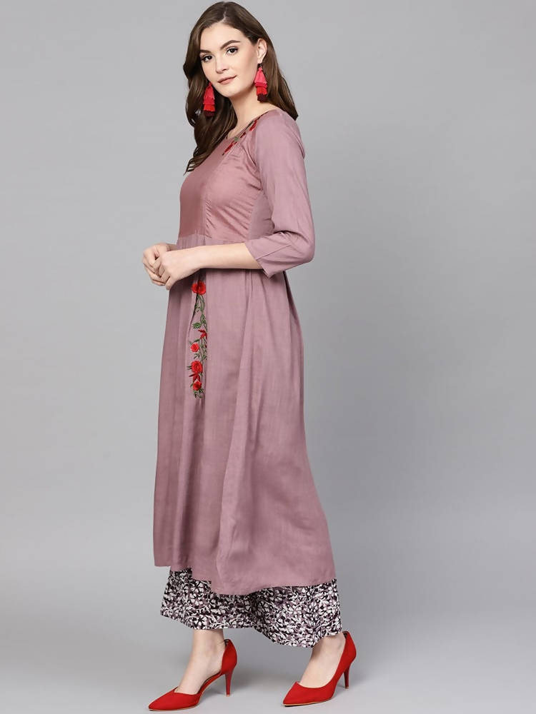 Yufta Women Mauve & Black Embroidered Kurta with Palazzo