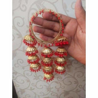 Thumbnail for Gold Color With Red Pearls Jhumkas Latkan Bangles