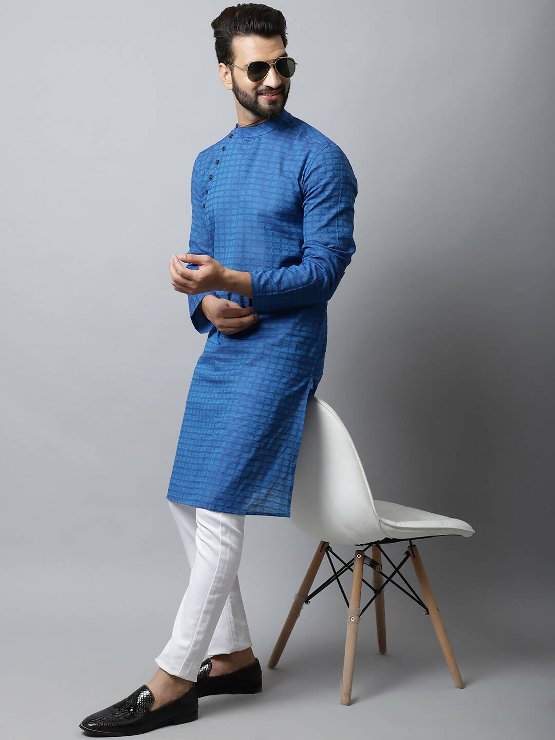 Even Apparels Blue Color Pure Cotton Men's Kurta With Band Collar (CHK1198) - Distacart