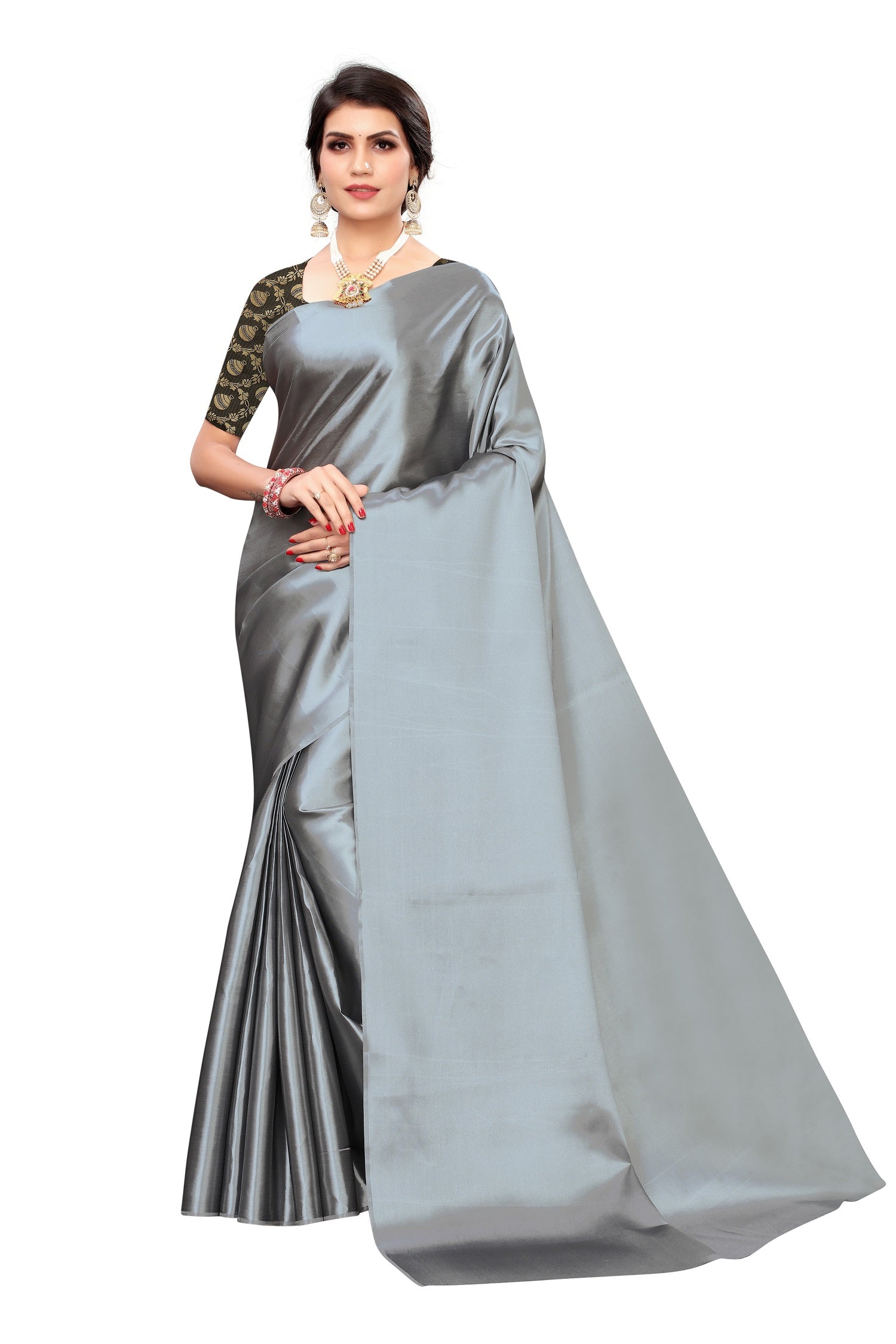 Vamika Satin Plain Grey Bollywood Style Saree - Distacart