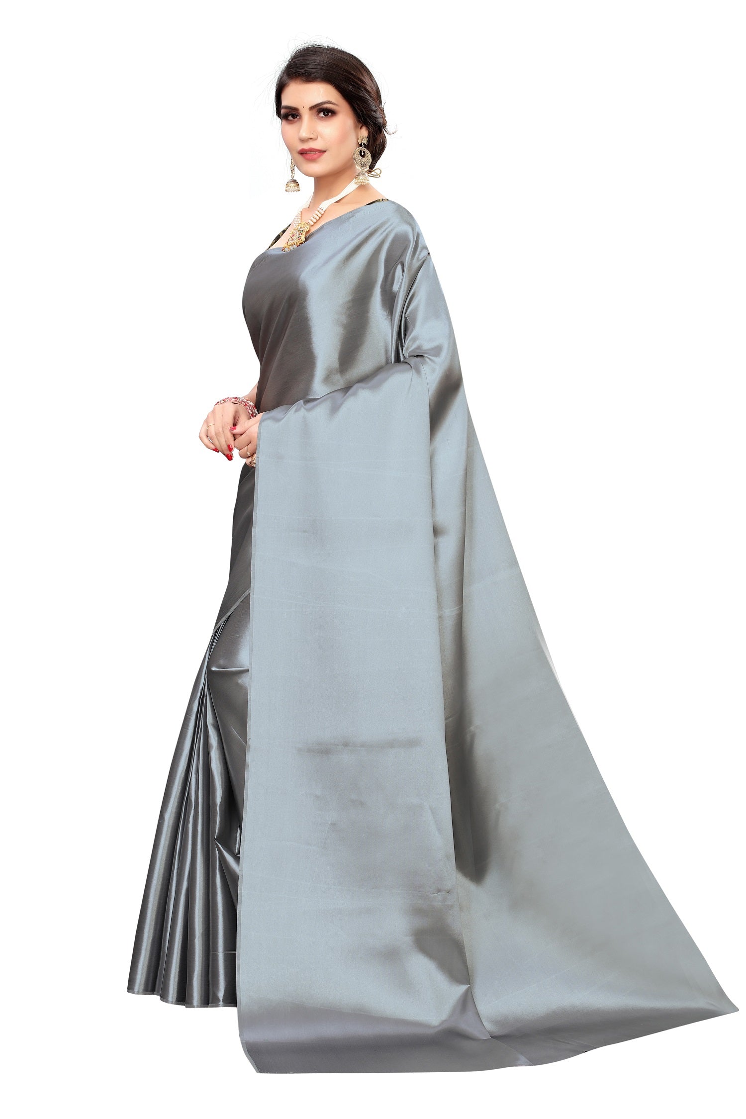 Vamika Satin Plain Grey Bollywood Style Saree - Distacart
