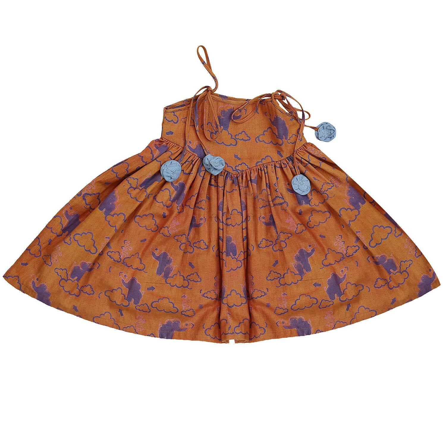 Mhyssa Pleated Sleeveless Orange and Blue Round Neck Frock - Distacart