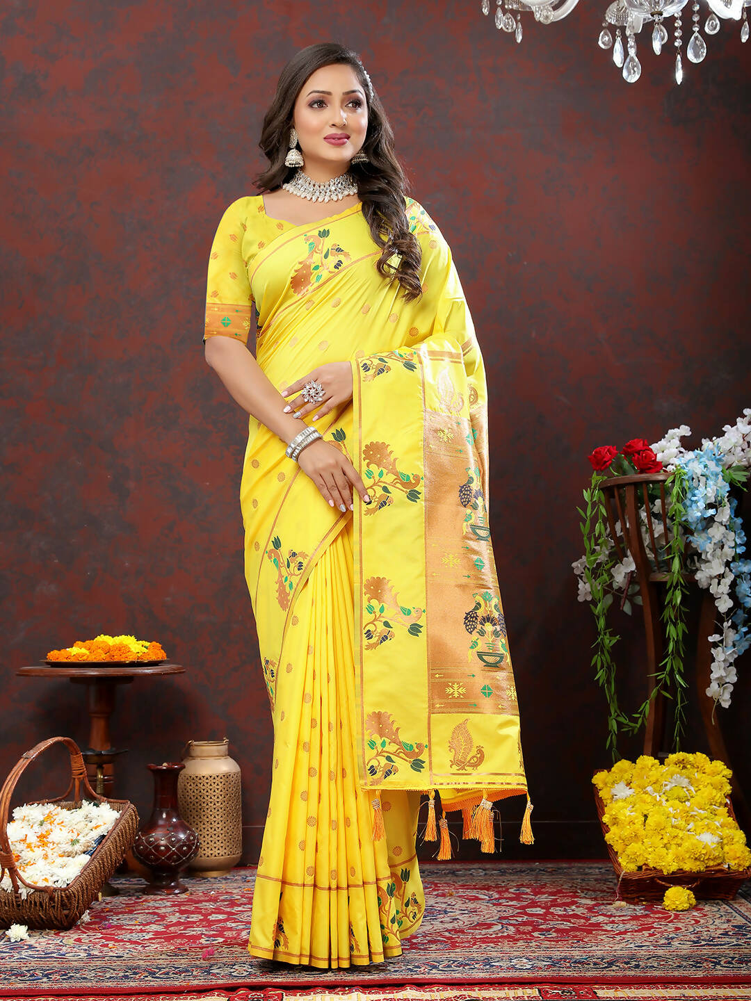 Lorenvalley Fashion Yellow Soft Paithani Silk Woven Design Copper Zari Meenakari Weaving Saree - Distacart