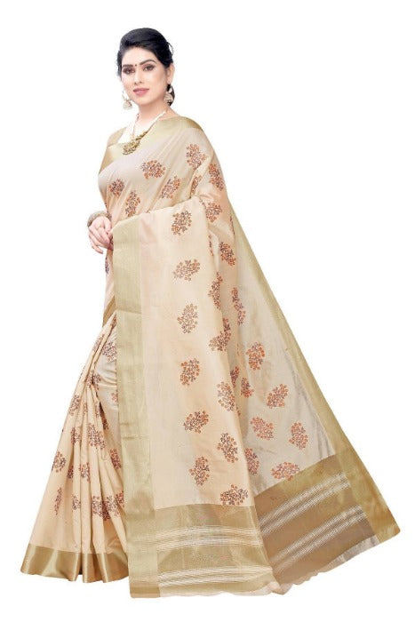 Vamika Cotton Polyester Silk Weaving Cream Saree (Kerala Flower)