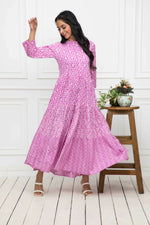 Thumbnail for Myshka Women Pink Floral Cotton A-Line Mandarin Collar Long Dress - Distacart