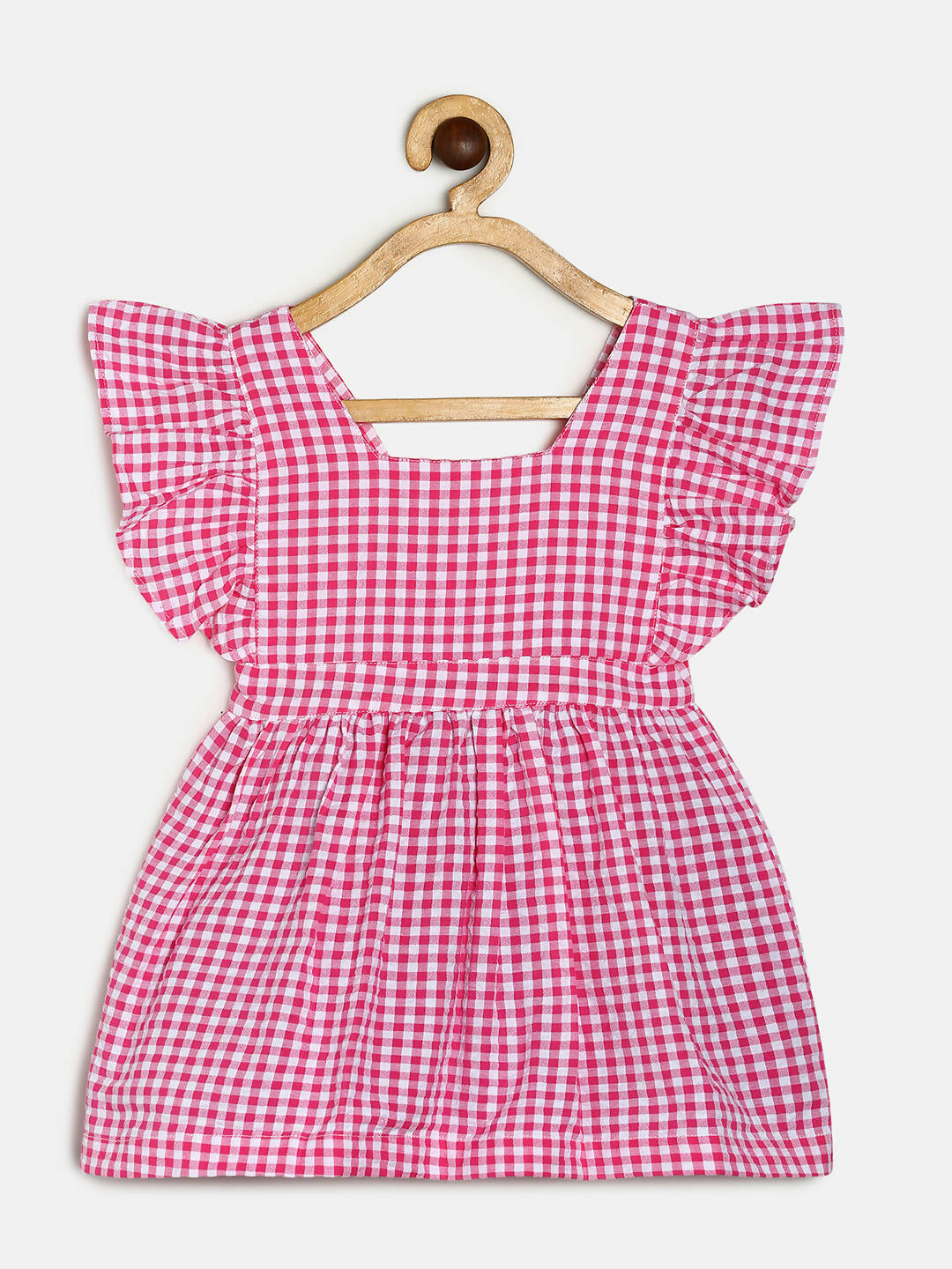Manet Girls Cotton V Neck Frill Frock Checked Printed - Pink - Distacart