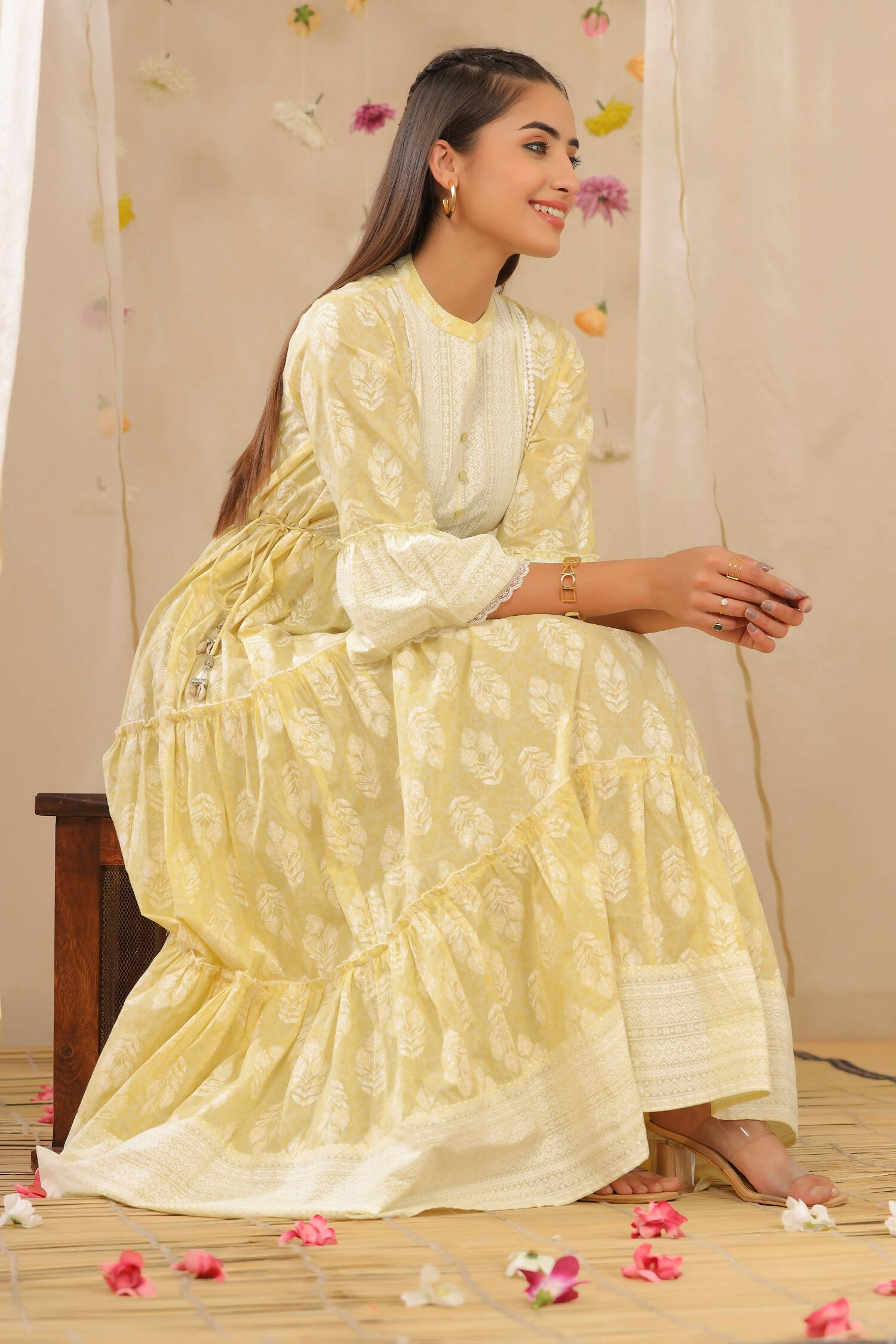 Juniper Womens Limeyellow Cambric Printed Tiered Dress With Flared Sleeve - Distacart