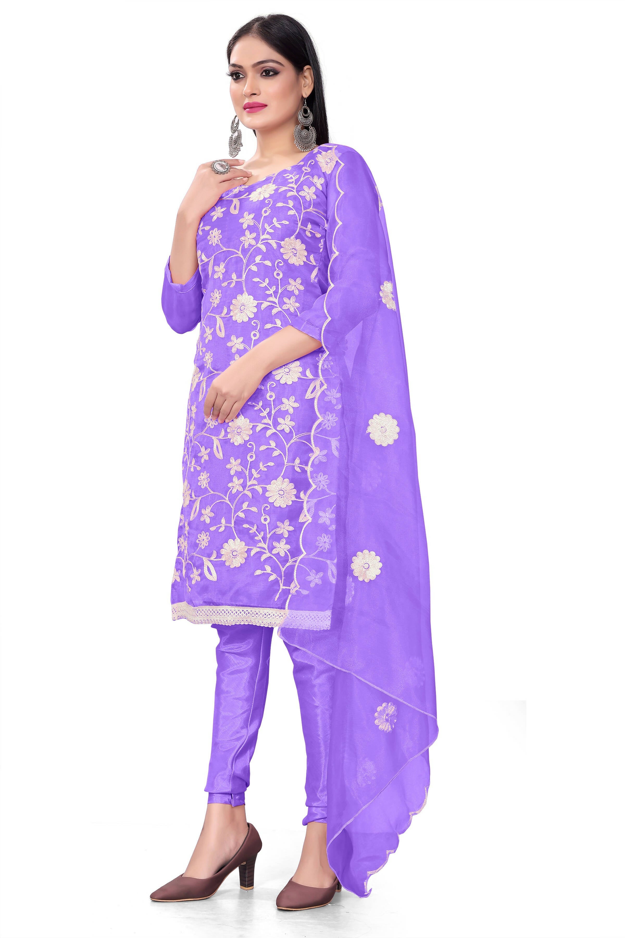 Lavender Organza Silk Embroidered Work Unstitched Dress Material - Tanvi - Distacart
